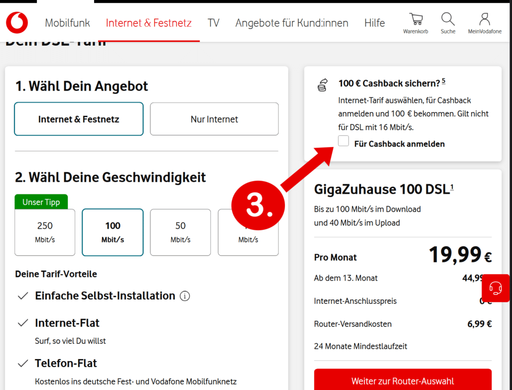 Checkbox für die Cashback-Anmeldung setzen