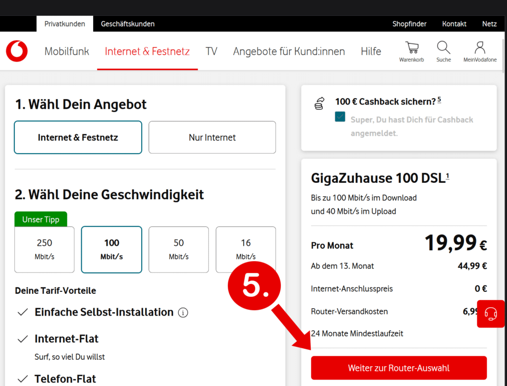 Vodafone Cashback: Bestellung fortsetzen