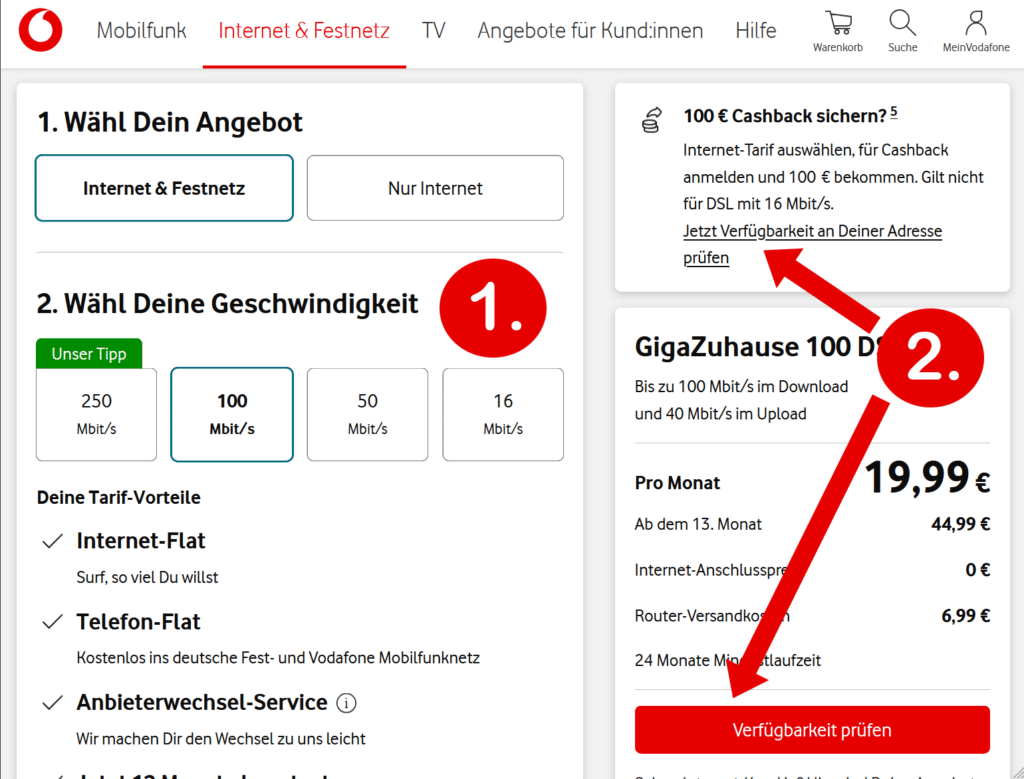 Vodafone Cashback: Tarif wählen